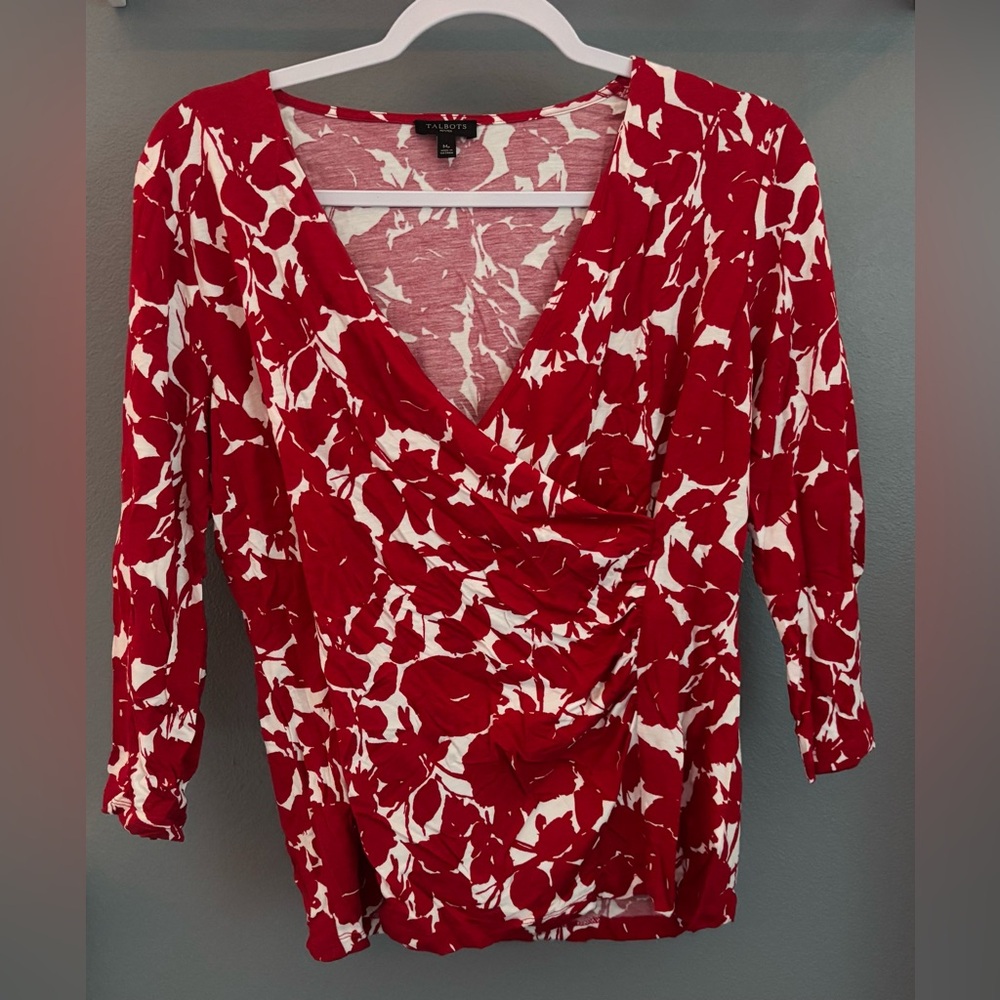 Talbots Red and White Floral Faux-Wrap Blouse